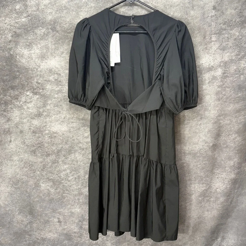ZARA Puff Sleeve Tiered Mini Dress Size S Black Cut Out Tie Back